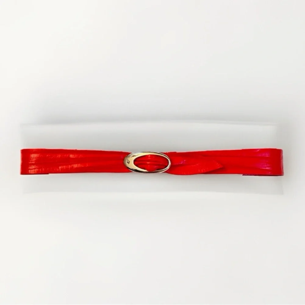 VINTAGE CHRISTIAN DIOR RED LEATHER SILVER CIRCLE BUCKLE BELT